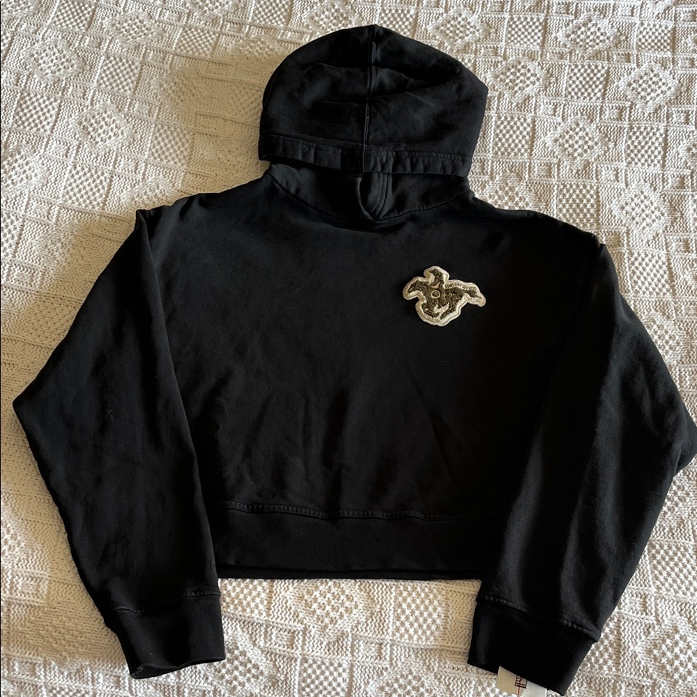 Favour Black Cropped Hoodie with Embroidered Patch USA 100% cotton Sz S